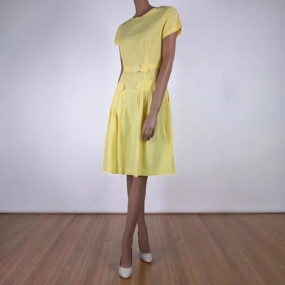 Bradrex Genuine Vintage 50s Sun Dress Yellow Belt Metallic zip Classy - UK 10 - Image 1 of 4