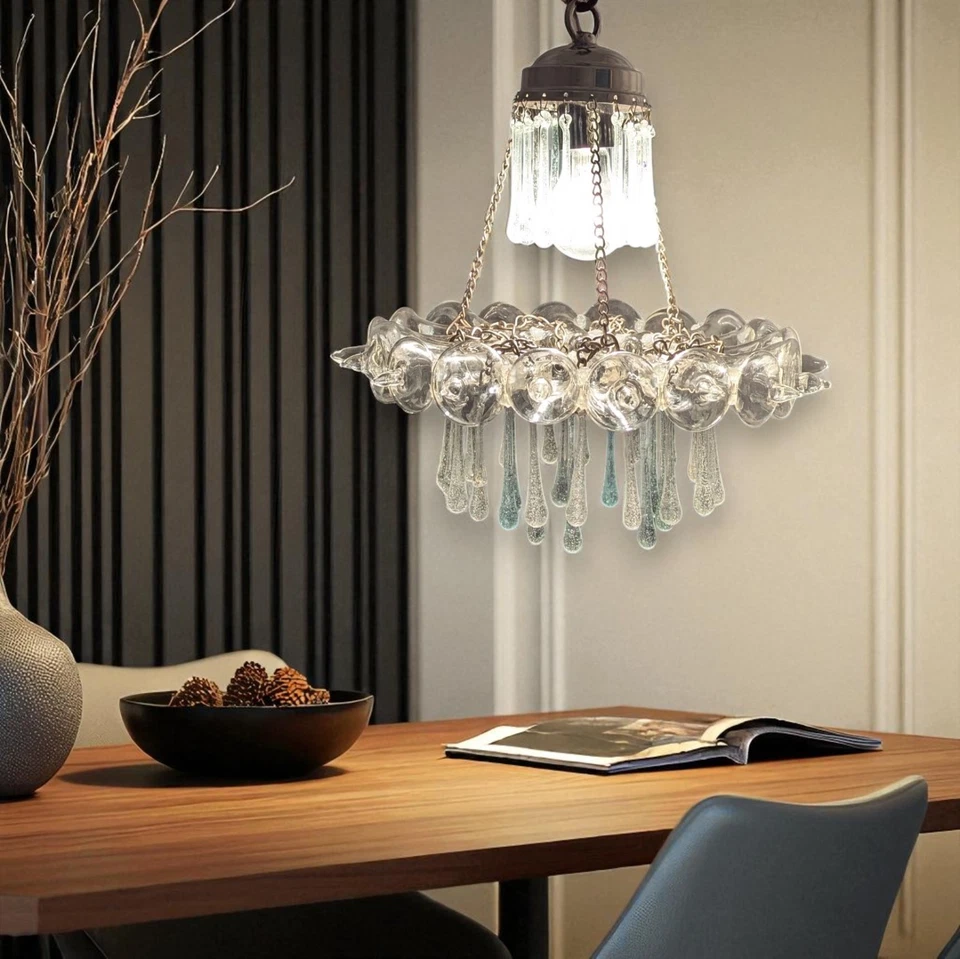 B305 Mid-Century Vintage Glass Teardrops Silver Pendant Chandelier Crystal Look - Image 1 of 4