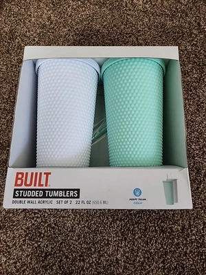 Built Studded Tumblers Set of 2 22 oz Double Wall Acrylic White Mint NEW IN BOX - Image 1 of 4