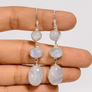 Rainbow Moonstone Gemstone Fashion Jewelry 925 Silver Earrings 2.3" ARE-5922 - Picture 1 of 3