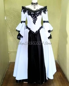 Elegant Black White Rococo Wedding Dress Lace Ruffles Applique Bodice Large - Picture 1 of 10
