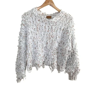 POL Distressed Popcorn Strick Fransen Pullover OSFM Creme Beige Boho Lagenlook Kuschelig - Bild 1 von 8
