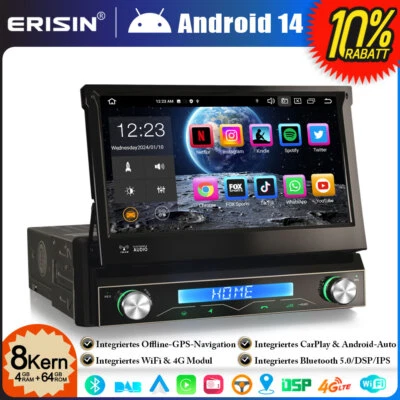 8-Kern 64GB Android 14 1 Din Universal Autoradio GPS Navi CarPlay DAB+ 4G BT 5.0 - Bild 1 von 4