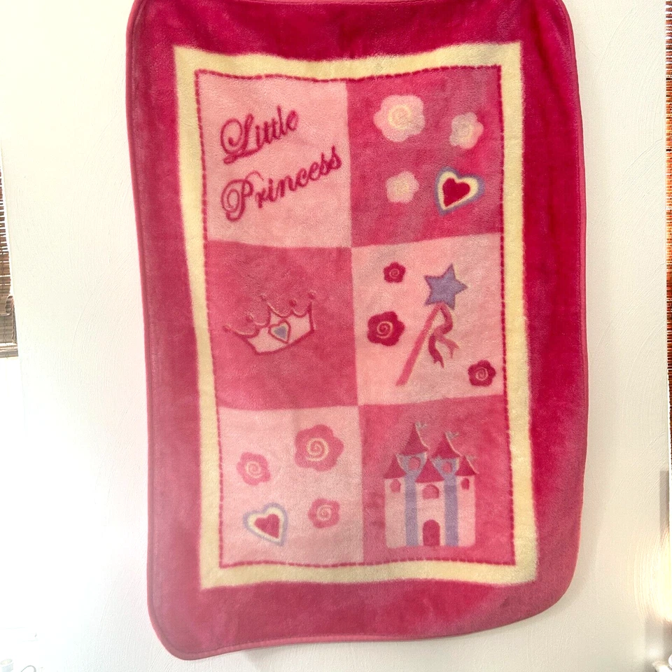 Pink Little Princess Baby Blanket Luxe Fleece Castle Crown Wand Squares Hearts - Image 1 of 4