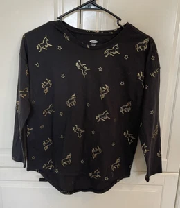 Old Navy Girls Size 10/12 Long Sleeve Tee UNICORN Shirt Black & Gold #10219 - Picture 1 of 3