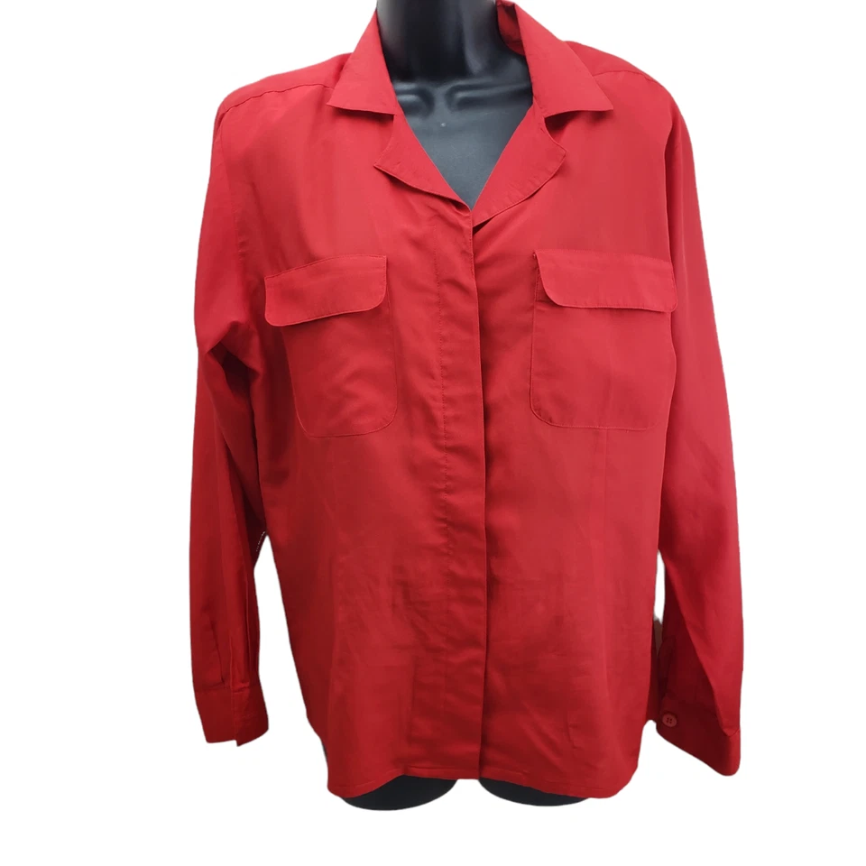 Camisa Josephine Vintage Talla 10 Roja Abotonada Manga Larga Almohadillas para el Hombro Blusa Top Foto 1 de 4