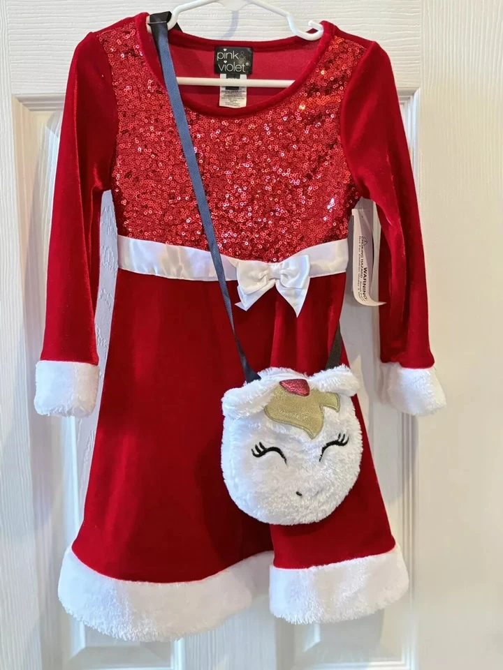 Pink&violet Red Holiday Girl's Dress Red 4 with cat purse - Image 1 of 1