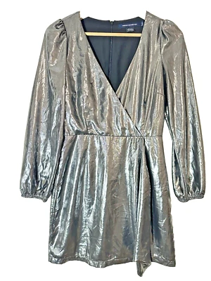 Vestido para mujer FRENCH CONNECTION plateado metálico manga larga drapeado glam rave talla 2 Foto 1 de 4