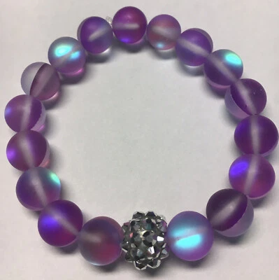 Womens Girls Purple Glass Synthetic Opal Matte 10mm Expandable Bracelet Glow - Image 1 of 4