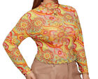 Ladies Size Xl 14 Sheer Mesh Yellow 70?S Floral Long Sleeve Crop Top Shirt New