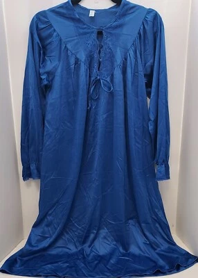Nancy King Vtg Lingerie Gown Royal Blue Long Sleeve 100% Nylon Lace Size SMALL - Image 1 of 4