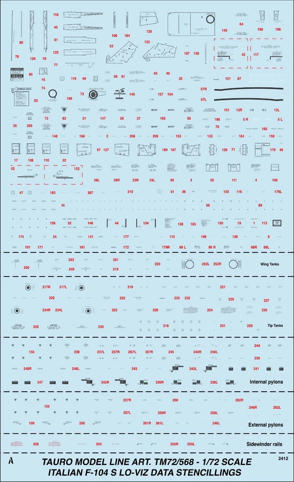 TAURO MODEL TM72/568 F-104S LO-VIZ DATA STENCILLINGS SCALA 1:72 - Immagine 1 di 4