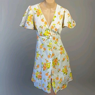 Vintage 1970s White Orange Floral Babydoll Mod Sleeveless Wrap Sun Dress Sz XS/S - Image 1 of 4