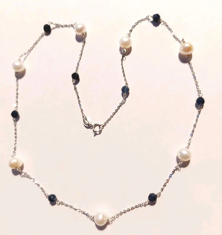 collana in argento 925 pietre zaffiro blu sfaccettato perle idea regalo natale  - Immagine 1 di 4