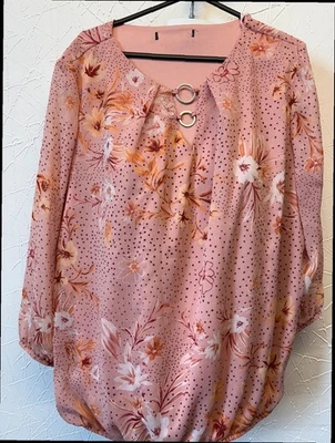 UK 14 Pink Floral & Polka Dot Blouse Neck Silver Rings Top | Chiffon Polyester - Image 1 of 4