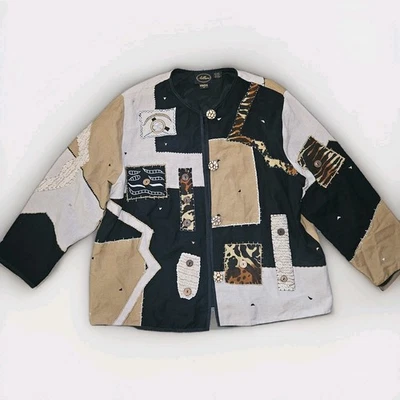 Vintage 90s Patchwork Jacket Womens 1X Cheetah Animal Wearable Art Boho - Image 1 of 4