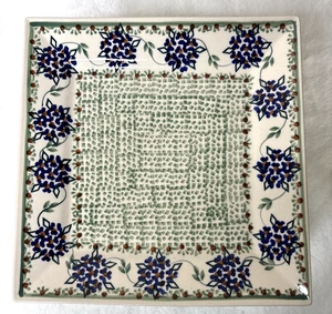 Polnische Keramik Boleslawiec Manufaktura 9" Quadratischer Teller, Blau und Grün Floral - Bild 1 von 7
