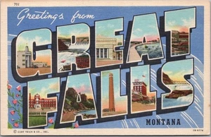 1940s GREAT FALLS, Montana Large Letter Postcard - Multi-View / Curteich Linen - Picture 1 of 2