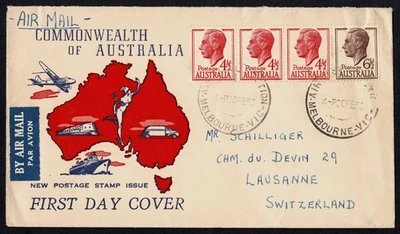 Australia 1952 FDC, Melbourne to Lausanne, George VI, Transport Map Design - Image 1 of 2