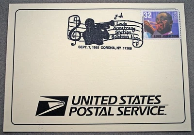 1995 USPS Issue Louis Armstrong Satchmo 32¢ Stamp Card Station Home Corona NY - Image 1 of 2