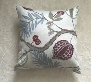 Floral Crewel Embroidered Linen Pillow Cover Case 22 x 22" - Picture 1 of 14