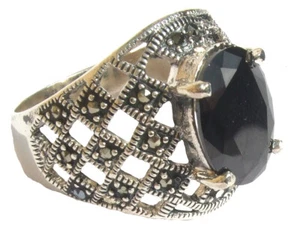 Anello argento 925 zirconi neri sfaccettature ovali 22x marcasite grande anello cocktail - Foto 1 di 4