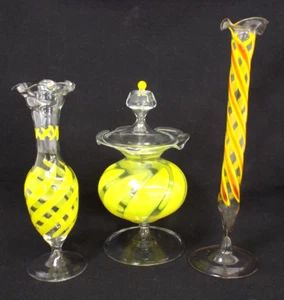 Lote de 3 jarrones vintage de vidrio bimini amarillo naranja remolino tapa de tazón Art Deco - Imagen 1 de 16