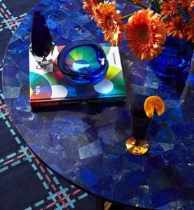 Round Lpais lazuli Stone Coffee Table Inlay Lapis Custom Table Console Table Top - Picture 1 of 6