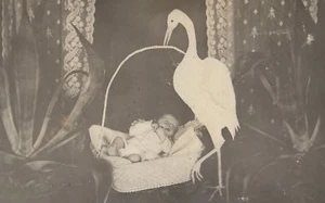 RPPC Baby in Basket with Stork CYKO Trimmed Removed from Album Free Shipping - Bild 1 von 3
