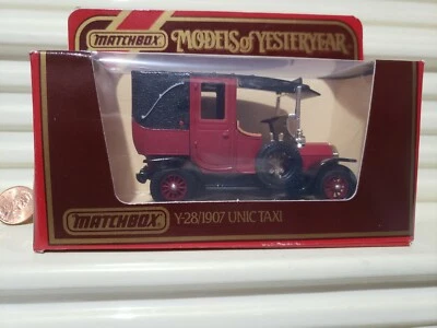 MATCHBOX MODELS OF YESTERYEAR Y28A DARK RED 1906 UNIC TAXI w MAROON WHLS NU BOXD - Image 1 of 4