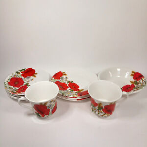 James Dean Pottery Joblot Cups Saucers Plates Bowl Bone China Red Floral Pattern