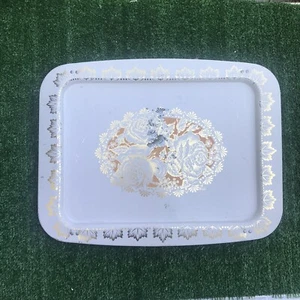 Metal TV Tray White Gold Orange Roses Leaves Folding Table - Picture 1 of 7