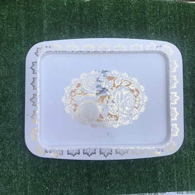 Metal TV Tray White Gold Orange Roses Leaves Folding Table - Image 1 of 4