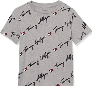 Tommy Hilfiger Big Boys Grey Short-Sleeve Vertical Script Logo Tee, (8/10) - Picture 1 of 3