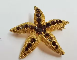 Costume jewelry gold starfish brown rhinestones brooch earrings Vintage - Picture 1 of 12