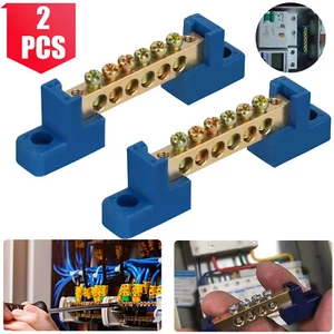 2X 6 Terminal Bus Bar Block Power Distribution Brass Wire Screw Grounding Strip - Picture 1 of 9
