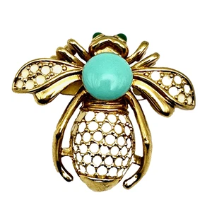 Vintage FLYING INSECT BROOCH Gold Tone Faux Turquoise Enamel - 1 1/2" x 1 3/4" - Picture 1 of 5