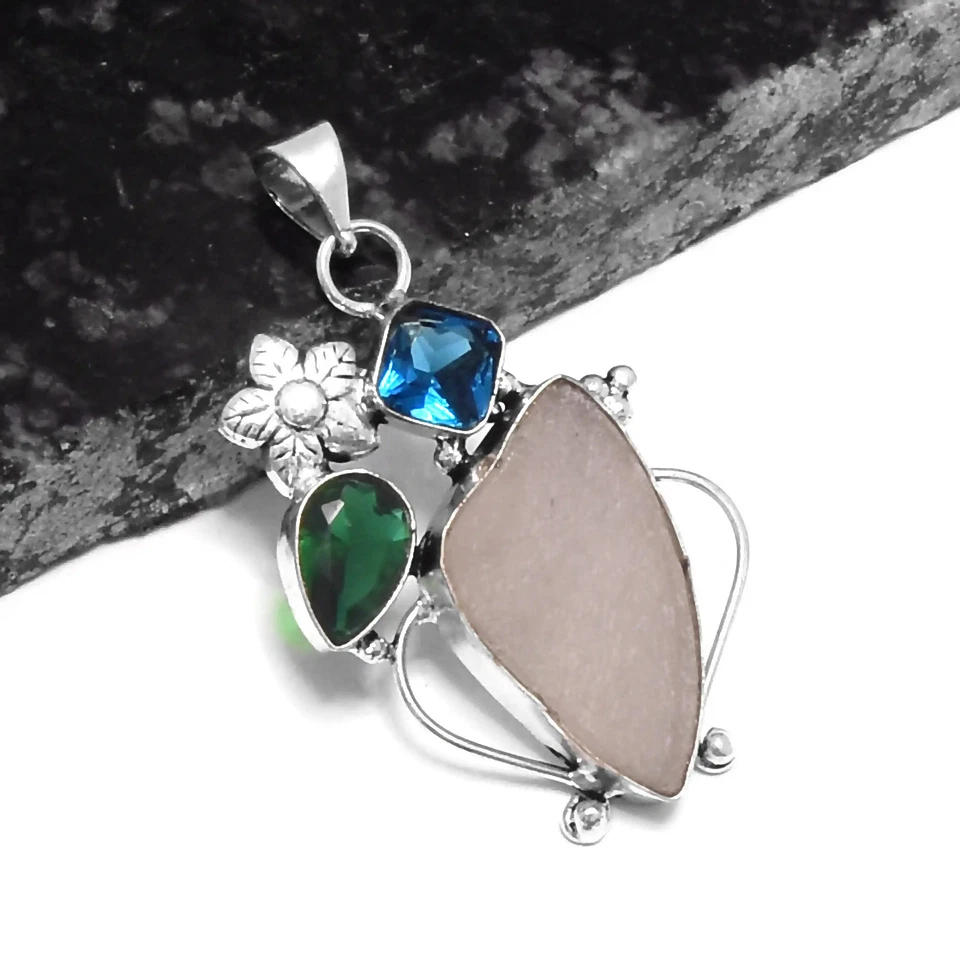 Raw Rose Quartz Blue Topaz Ethnic Handmade  Pendant Gift Jewelry 2.16" P-720 - Изображение 1 из 1