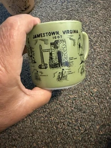 Vintage Federal Glass, Jamestown Virginia 1607 Green Coffee Mug Cup, Milk Glass - Picture 1 of 5