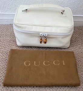 AUTÉNTICA BOLSA DE TOCADOR COSMÉTICA GUCCI DE LONA DE BAMBÚ Y CUERO BOLSA PARA EL POLVO USADA - Imagen 1 de 17