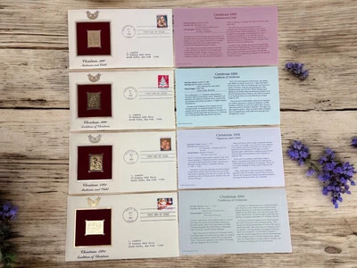 Lote de 4 estampillas de oro FDC 90 y 91 22k: tradiciones navideñas y Virgen y Niño Foto 1 de 4