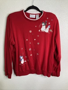 Vintage Alfred Dunner Christmas Sweatshirt Red Snowmen Shiny Snowflakes Sz L - Picture 1 of 3