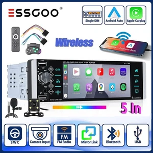 5" Single 1DIN Car Stereo Radio Wireless iOS CarPlay Android Auto Head Unit +CAM - Picture 1 of 15