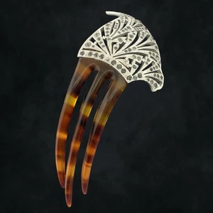 Antique VICTORIAN 🖤 Hair Comb 🖤 Art Deco Silver Aluminum Celluloid Tortoise - Picture 1 of 14