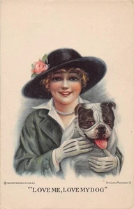 Tarjeta postal firmada por Wallace Robinson Love Me My Dog Bulldog Hermosa Dama - Imagen 1 de 2
