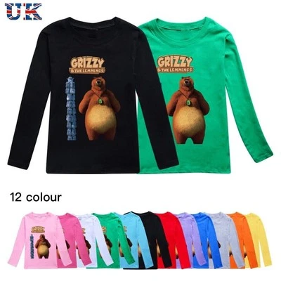 Kids Grizzly And The Lemmings Print Casual Long Sleeve T-Shirt Cotton Tee Top UK