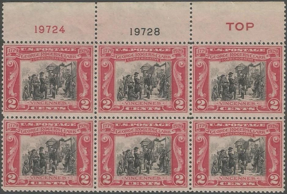 Plate Block of 6 stamps - Scott 651 - 2 cent - George Rogers Clark - 1929 - MNH - Image 1 of 1