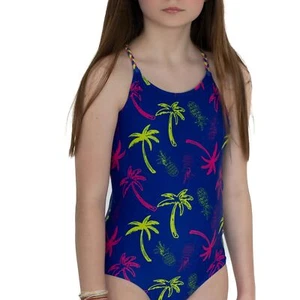 Andy & Evan BLUE/NEON Kids' Girl's Palm Tree One-Piece Swimsuit, US 12 - Picture 1 of 4
