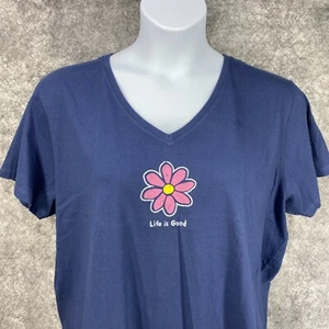 Life is Good Shirt Women XXL Blue Lux Crusher Tee Classic Daisy Soft V Neck TAGS - Picture 1 of 15