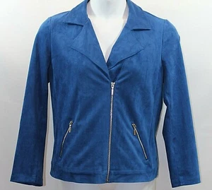 Chico's Blue Faux Suede Moto Jacket Zip Front Pockets M - Picture 1 of 5